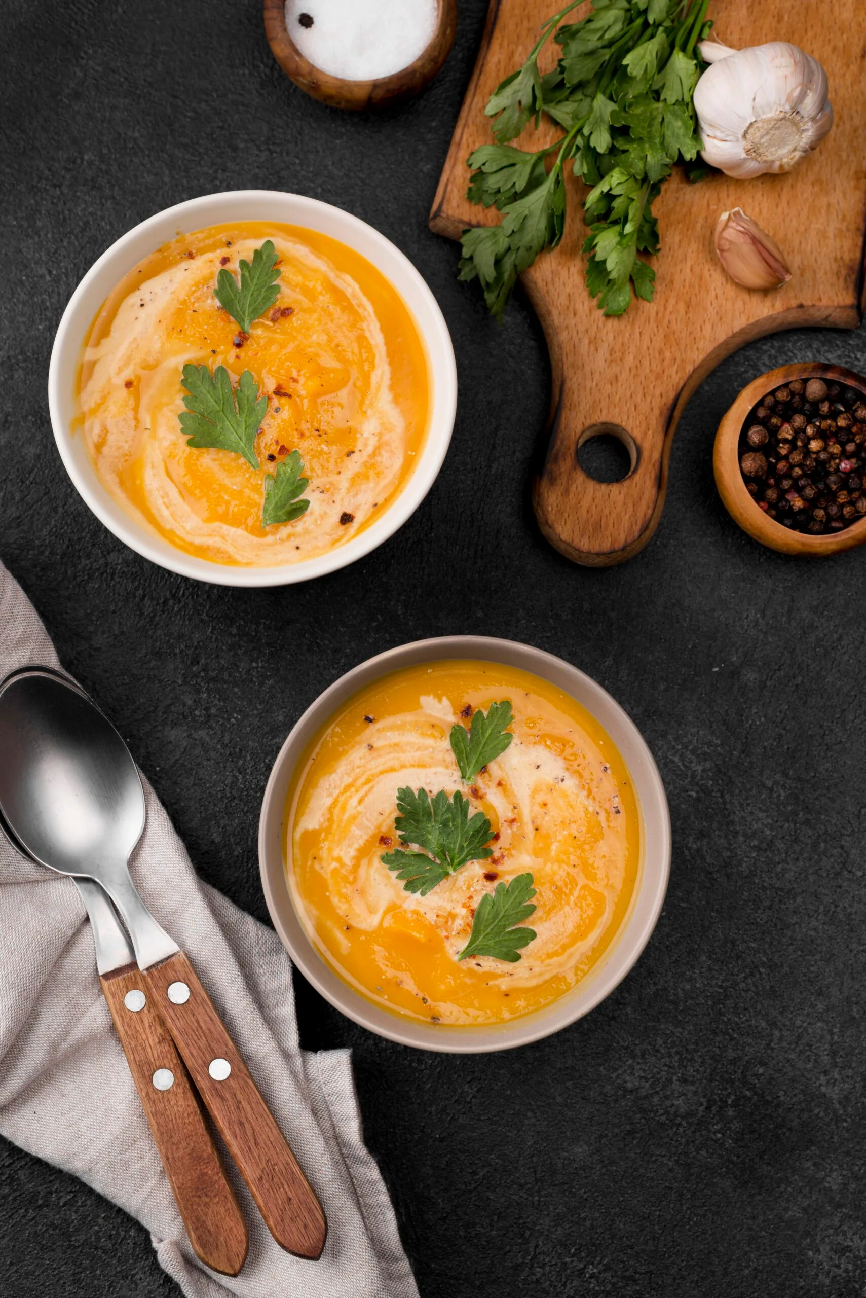 A bowl of creamy vegan potato leek soup topped with fresh herb oil.