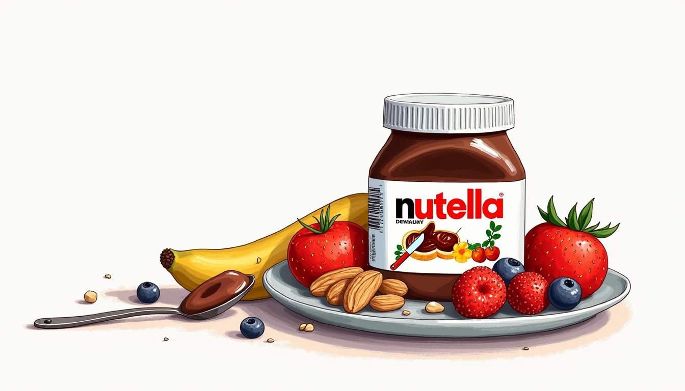 A jar of nutella surrounded by fresh fruits