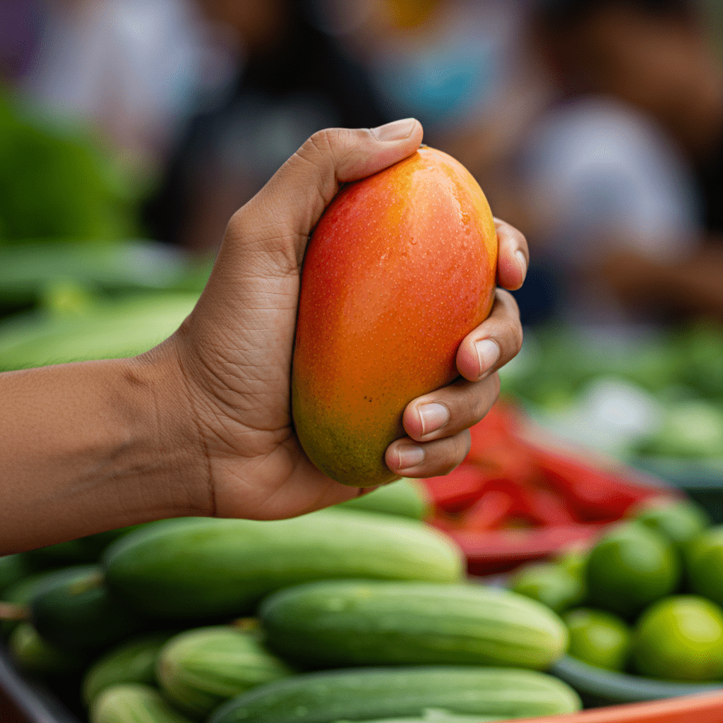 This Refreshing Mango Cucumber Salad Is Your New Summer Favorite 5 Hand holding a colorful ripe mango at a fresh produce market stall.